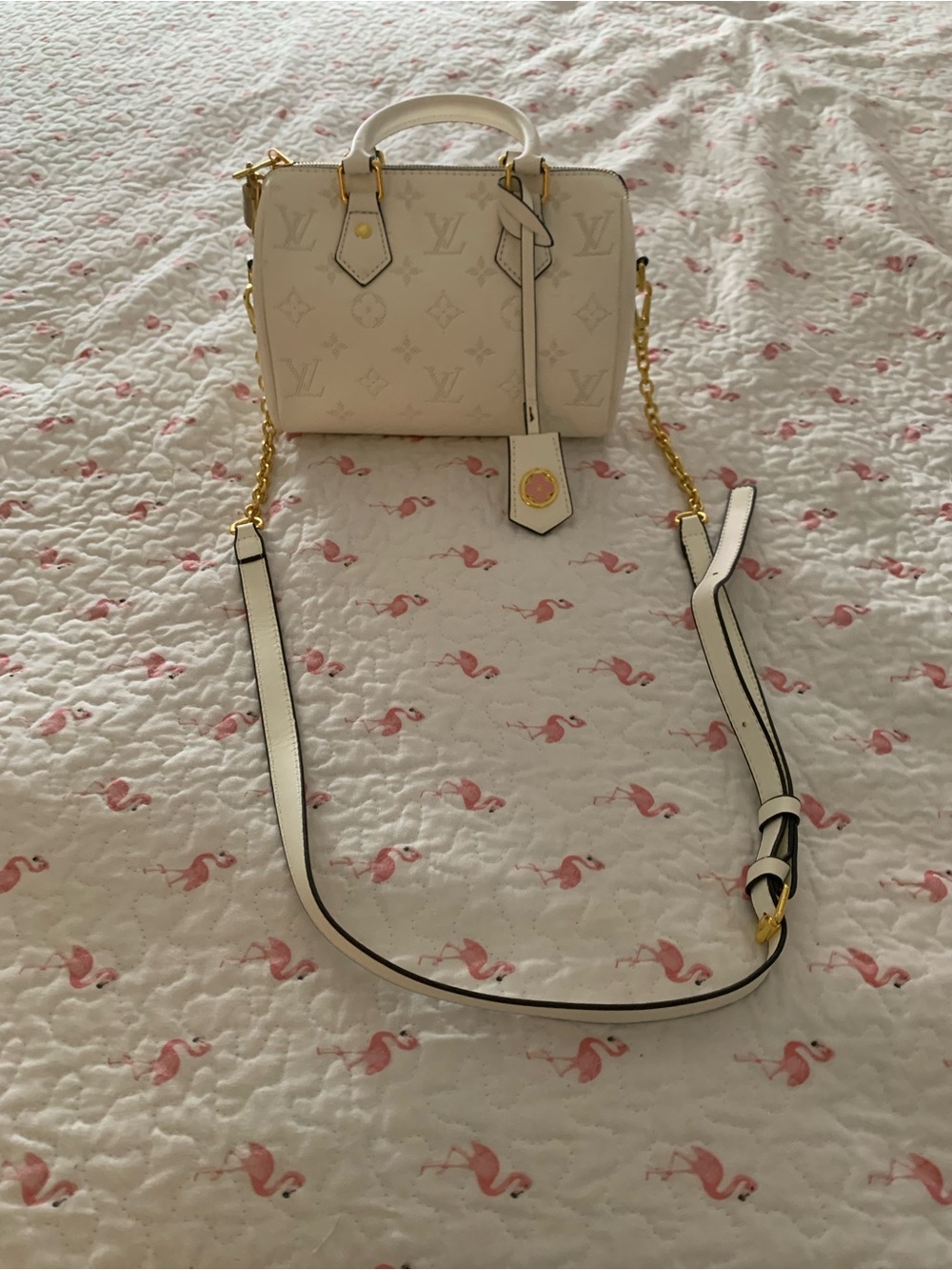 Designer Cream Monogram Crossbody Satchel with Gold Chain Strap
